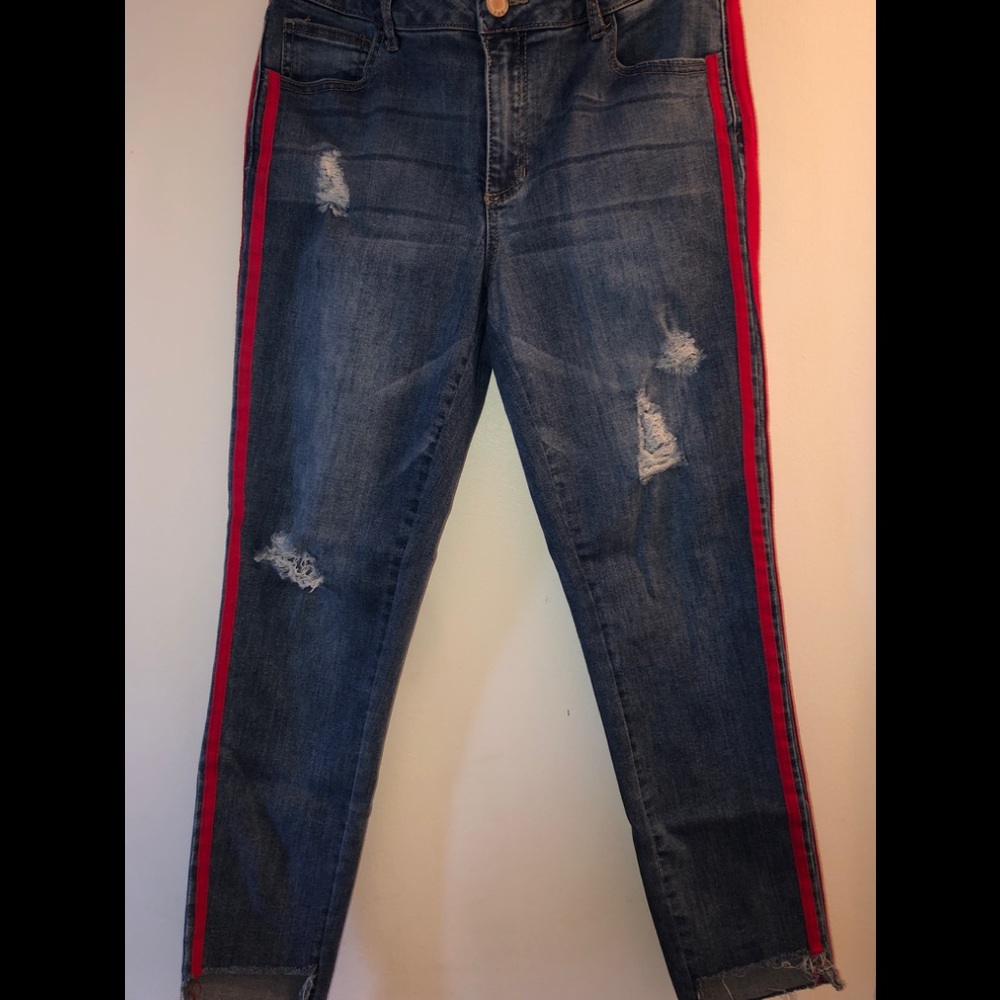 High Waisted Skinny Jeans Side Stripes Hi-Low Hem